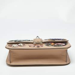 Pre Owned Valentino Beige Leather Large Beaded Butterfly Glam Lock Flap Bag