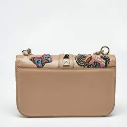 Pre Owned Valentino Beige Leather Large Beaded Butterfly Glam Lock Flap Bag