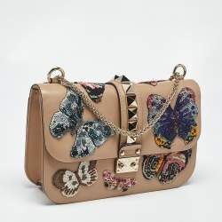 Pre Owned Valentino Beige Leather Large Beaded Butterfly Glam Lock Flap Bag