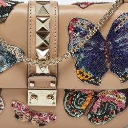Pre Owned Valentino Beige Leather Large Beaded Butterfly Glam Lock Flap Bag