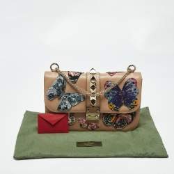Pre Owned Valentino Beige Leather Large Beaded Butterfly Glam Lock Flap Bag