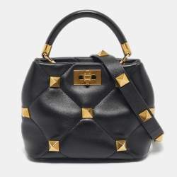 Pre Owned Valentino Black Quilted Leather Small Roman Stud Top Handle Bag
