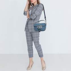 Pre Owned Valentino Blue Denim and Leather VLogo Shoulder Bag