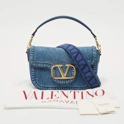 Pre Owned Valentino Blue Denim and Leather VLogo Shoulder Bag