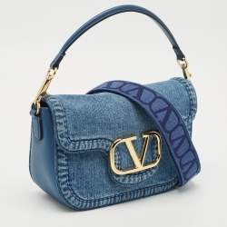 Pre Owned Valentino Blue Denim and Leather VLogo Shoulder Bag