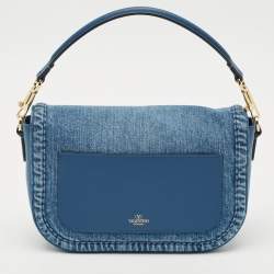 Pre Owned Valentino Blue Denim and Leather VLogo Shoulder Bag