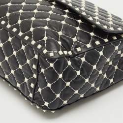 Pre Owned Valentino Black/White Leather Large Rockstud Spike Top Handle Bag