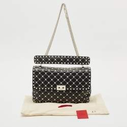 Pre Owned Valentino Black/White Leather Large Rockstud Spike Top Handle Bag
