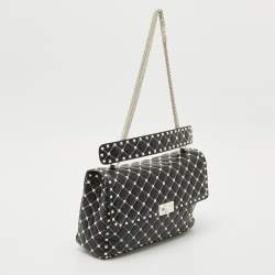 Pre Owned Valentino Black/White Leather Large Rockstud Spike Top Handle Bag