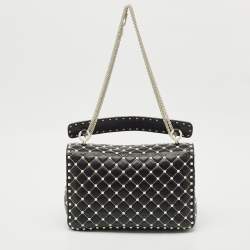Pre Owned Valentino Black/White Leather Large Rockstud Spike Top Handle Bag