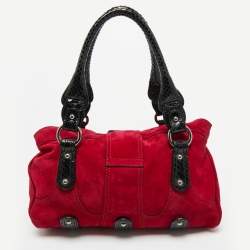 Pre Owned Valentino Red/Black Suede and Snakeskin VRing Crystals Shoulder Bag