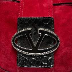 Pre Owned Valentino Red/Black Suede and Snakeskin VRing Crystals Shoulder Bag