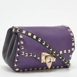 Pre Owned Valentino Dark Purple/Black Leather Rockstud Flap Shoulder Bag