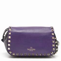 Pre Owned Valentino Dark Purple/Black Leather Rockstud Flap Shoulder Bag