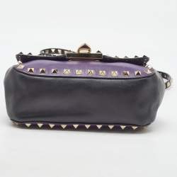 Pre Owned Valentino Dark Purple/Black Leather Rockstud Flap Shoulder Bag