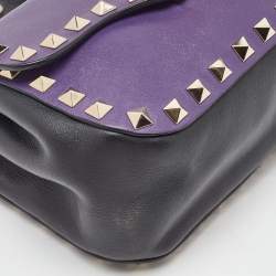 Pre Owned Valentino Dark Purple/Black Leather Rockstud Flap Shoulder Bag