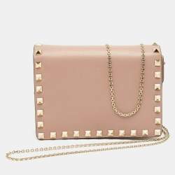 Pre Owned Valentino Beige Leather Rockstud Flap Wallet On Chain