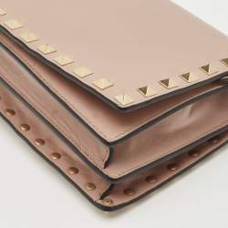 Pre Owned Valentino Beige Leather Rockstud Flap Wallet On Chain