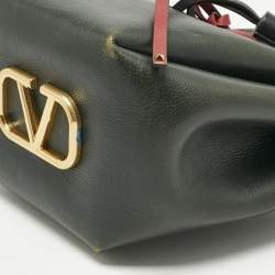 Pre Owned Valentino Dark Green/Red Leather Medium VLogo Bucket Bag