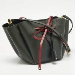 Pre Owned Valentino Dark Green/Red Leather Medium VLogo Bucket Bag