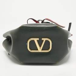Pre Owned Valentino Dark Green/Red Leather Medium VLogo Bucket Bag