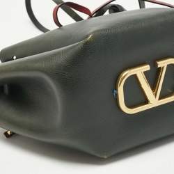 Pre Owned Valentino Dark Green/Red Leather Medium VLogo Bucket Bag