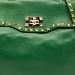 Pre Owned Valentino Green Soft Leather Rockstud Flap Top Handle Bag