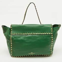 Pre Owned Valentino Green Soft Leather Rockstud Flap Top Handle Bag