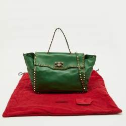 Pre Owned Valentino Green Soft Leather Rockstud Flap Top Handle Bag