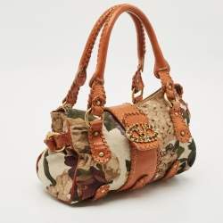 Pre Owned Valentino Multicolor Printed Canvas and Whipstitch Leather VLogo Crystals Satchel