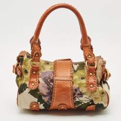 Pre Owned Valentino Multicolor Printed Canvas and Whipstitch Leather VLogo Crystals Satchel