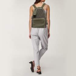 Pre Owned Valentino Military Green Logo Jacquard Canvas and Leather Viva Backpack