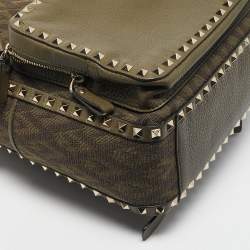 Pre Owned Valentino Military Green Logo Jacquard Canvas and Leather Viva Backpack