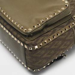 Pre Owned Valentino Military Green Logo Jacquard Canvas and Leather Viva Backpack