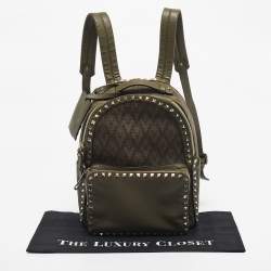 Pre Owned Valentino Military Green Logo Jacquard Canvas and Leather Viva Backpack