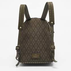 Pre Owned Valentino Military Green Logo Jacquard Canvas and Leather Viva Backpack