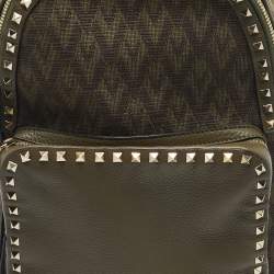 Pre Owned Valentino Military Green Logo Jacquard Canvas and Leather Viva Backpack