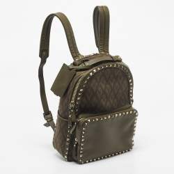 Pre Owned Valentino Military Green Logo Jacquard Canvas and Leather Viva Backpack