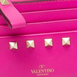 Pre Owned محفظة بطاقات فالنتينو جلد بيج روكستد ثنائية الطي