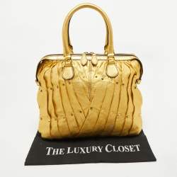 Pre Owned Valentino Metallic Gold Leather Maison Pintucked Rockstud Shopper Tote