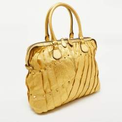 Pre Owned Valentino Metallic Gold Leather Maison Pintucked Rockstud Shopper Tote