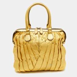 Pre Owned Valentino Metallic Gold Leather Maison Pintucked Rockstud Shopper Tote