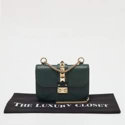 Pre Owned Valentino Dark Green Leather Rockstud Small Glam Lock Shoulder Bag
