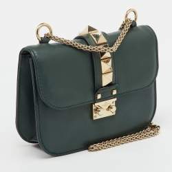 Pre Owned Valentino Dark Green Leather Rockstud Small Glam Lock Shoulder Bag