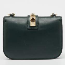 Pre Owned Valentino Dark Green Leather Rockstud Small Glam Lock Shoulder Bag