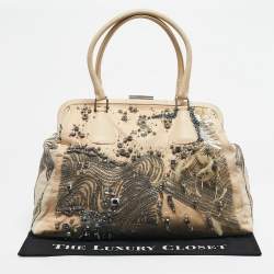 Pre Owned Valentino Two Tone Beige Leather Embellished Alice Glam Frame Satchel