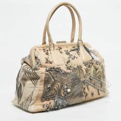 Pre Owned Valentino Two Tone Beige Leather Embellished Alice Glam Frame Satchel