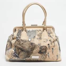 Pre Owned Valentino Two Tone Beige Leather Embellished Alice Glam Frame Satchel