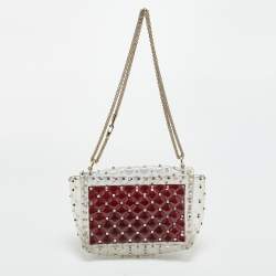 Pre Owned Valentino Clear/Red PVC Medium Rockstud Spike Top Handle Bag
