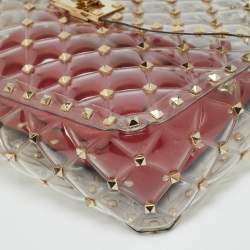 Pre Owned Valentino Clear/Red PVC Medium Rockstud Spike Top Handle Bag